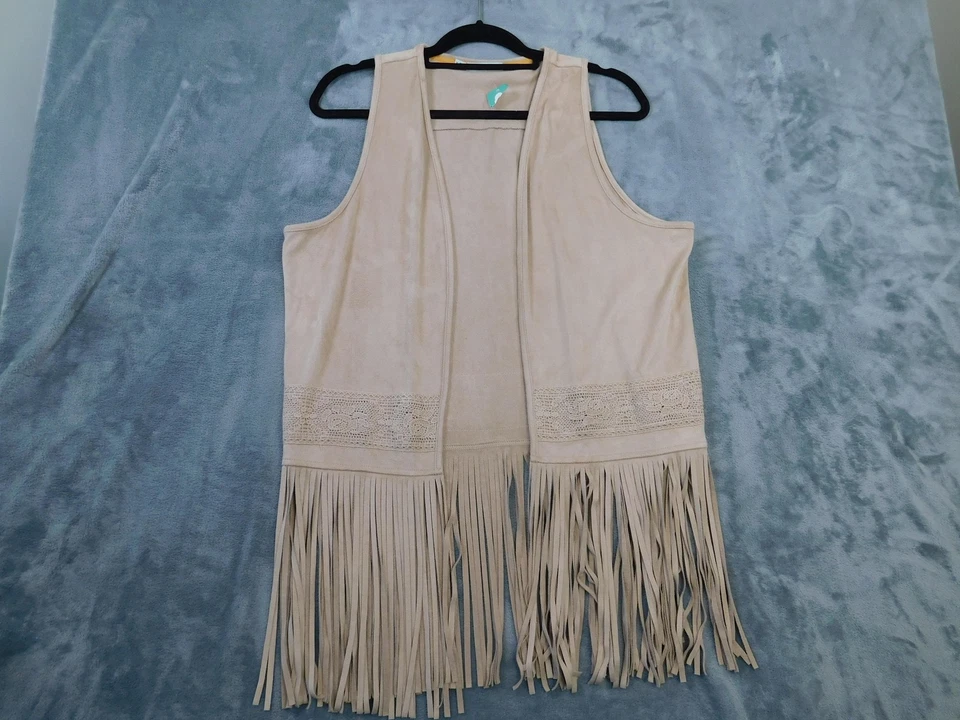 Maurices Vest Womens XL Tan Faux Suede Fringe Western Country Open Boho Festival - Image 1 of 4