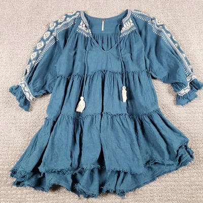Free People Top size Medium Green Dreamweaver Embroidered Tunic Ruffle Boho Chic - Image 1 of 4