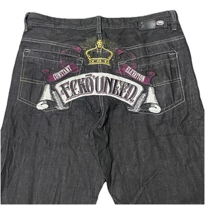 ECKO UNLTD Y2K Baggy Jeans Mens 36x32 Wide Leg Skate Grunge Hip Hop Embroidered - Picture 1 of 19