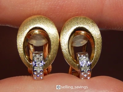PENDIENTES OMEGABACK ORO AMARILLO MATE 14K DIAMANTES ABIERTOS OVALADOS 6/10 PULGADAS DE ALTO Foto 1 de 4