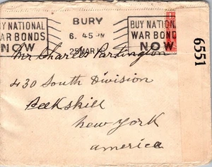 GREAT BRITAIN 1918 WWI POSTAL CENSORED COVER ADDR NY USA CANC SLOGAN - Picture 1 of 2