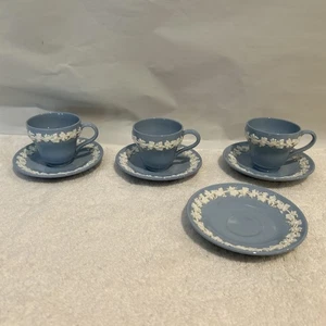 3 WEDGWOOD QUEENSWARE LAVENDER BLUE EMBOSS CREAM FOOTD DEMITASSE CUP&SAUCER SET - Picture 1 of 10