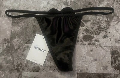 NWT FOREVER 21 BLACK SATIN SMOOTH EMBROIDERED HEART BACK V STRING THONG PANTIES - Image 1 of 4