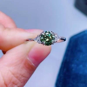 1Ct Fancy Green Blue Round Moissanite Three Stone Ring Solid 925 Sterling Silver - Picture 1 of 5