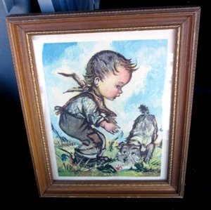 LITTLE BOY patched overalls w/ MUTT DOG kitschy 1960s framed picture Americana - Picture 1 of 2