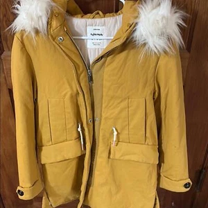 Zara Kids Mustard Yellow Parka with Faux Fur Hood - Picture 1 of 9