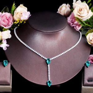 Versilberte CZ Grün Lang Quadratischer Tropfen Hochzeit Halskette Ohrringe Schmuck Set - Bild 1 von 9