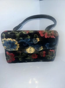 Vintage Floral Tapestry CARPET Bag Purse Jewel Tone Black - Picture 1 of 13