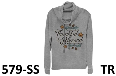 Juniors Womens Lost Gods Thankful and Blessed Cowl Neck Sweatshirt Gray Heather - Image 1 of 4