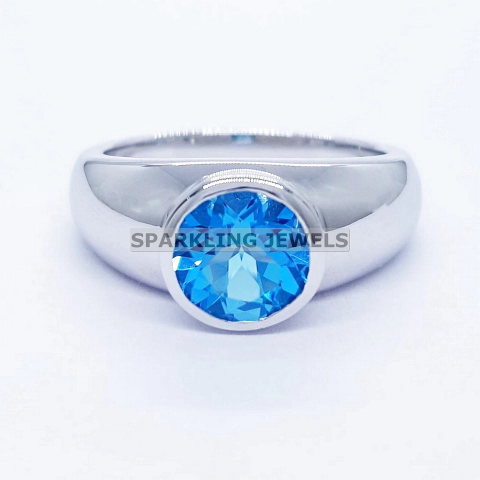 AAA+ Topacio azul corte redondo con anillo de plata de ley 925 para hombre #255 Foto 1 de 4