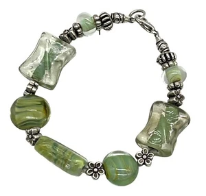 Handmade Green and Clear Glass Bead Bracelet With Silver-Tone Flower Spacers and - Picture 1 of 2