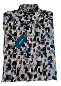 $395 SILK Eton Shirt Men's Size 16 Button Up All Over Geometric Print Slim Fit - Picture 1 of 8