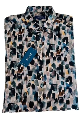 $395 SILK Eton Shirt Men's Size 16 Button Up All Over Geometric Print Slim Fit - Image 1 of 4