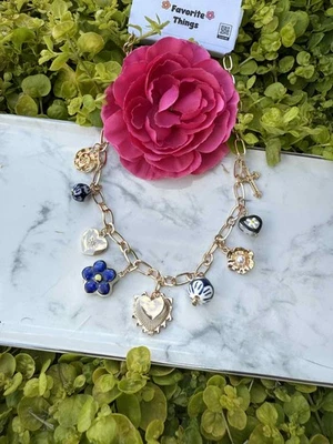 Blue Ceramic Porcelain Heart Fashion Necklace with Cross Charm & Toile Flower - Image 1 of 2