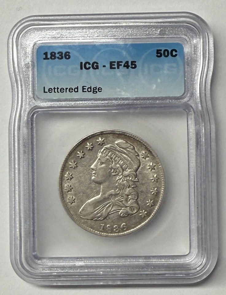 1836 Capped Bust Half Dollar 50C ICG EF45 Extra Fine XF45 Lettered Edge - Image 1 of 3
