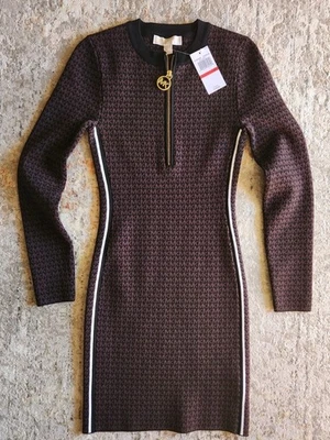 NWT MICHAEL KORS Knit Monogram Bodycon Sweater Dress w/Geo Print Logo SZ XS - Image 1 of 4
