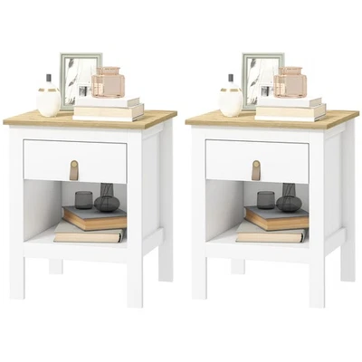 HOMCOM Set 2 Comodini Moderni con Cassetto e Ripiano Aperto Bianco e Rovere - Immagine 1 di 4