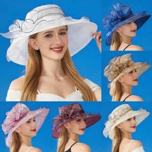 Sombrero de organza de ala ancha para mujer vestido de iglesia boda novia floral gorra sombrero para el sol - Imagen 1 de 35