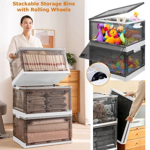 2 Pack Stackable Storage Boxes Set with lid2 Doors Rolling Foldable Storage Bins - Picture 1 of 14