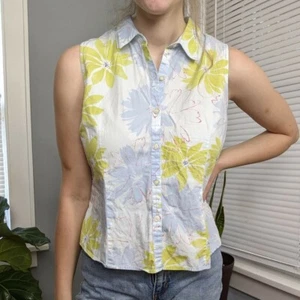 Women's Tank Top Sleeveless blouse Flowers Light Blue Green Floral Liz Claiborne - Picture 1 of 4