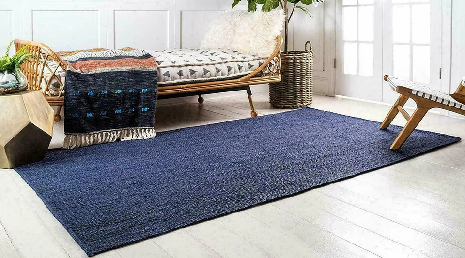 Jute Rug in Square Shape Hand Braided Area Rug Farmhouse Jute Rug Blue Color - Image 1 of 4