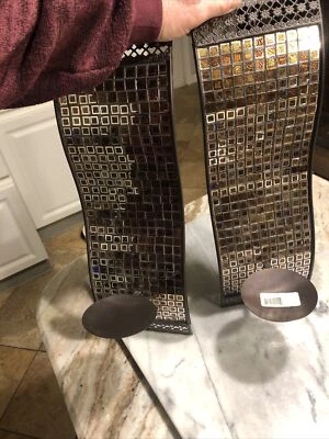 STUNNING PAIR OF  MOSAIC GLASS STYLE BRONZE WALL SCONCES-NEW - Image 1 of 4