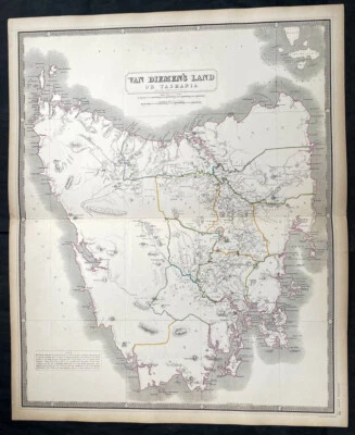 Mapa antiguo grande Johnston 1856 de Van Diemens Land o Tasmania, Australia Foto 1 de 4