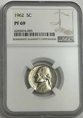 1962 NGC PF69 Proof Thomas Jefferson Nickel 5c Excellent Eye Appeal White Label - Image 1 of 3
