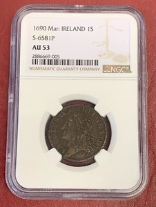 1690 NGC AU53 James II Ireland Shilling March Gun Money Rebellion Coin - Picture 1 of 2