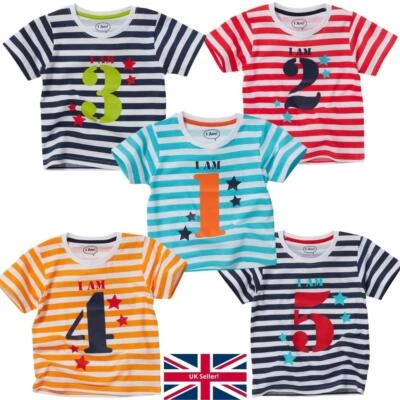 Boys 1st 2nd 3rd 4th 5th Birthday T-Shirt Tops Long Short Sleeve Striped Cotton - Image 1 of 2