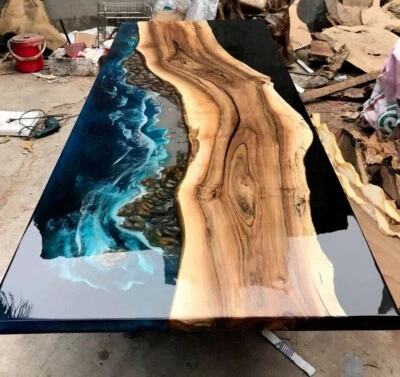 Epoxy Tabletop Resin River Ocean Waves Natural Wood Handmade Furniture Decor - Image 1 of 4