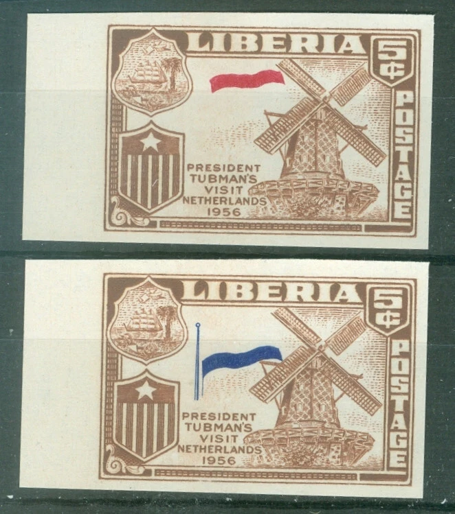 Liberia 1958, Visit to Netherlands x2, IMP. MISSING red, blue NH #368 Windmill - Image 1 of 1