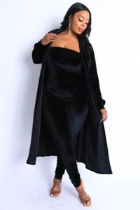 Plus Size Soft Black Velvet 2PC Long Cardigan Tube Top Stretch Jumpsuit 1X 2X 3X - Picture 1 of 8