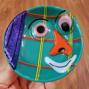 Vintage 1990s Curtiss Olson Fused Glass Art Big Eyed Dish Signed 4” X 4” 1997 - Picture 1 of 10