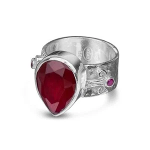 FREE SIZING Turkish Large Red Topaz Sterling Silver 925k Ring Wide Band Hammered - Picture 1 of 6