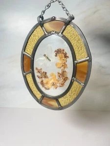 Suncatcher Oval Lead glass butterfly dried floral Amber Convex Vintage Stained - Picture 1 of 11
