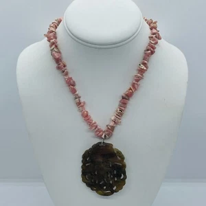 Vintage Chinese Rhodochrosite Strand w/ Carved Russet Jade Pendant 925 Necklace - Picture 1 of 8