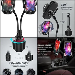 Dual Phone Holder for Car Cup– Long Flexible Neck 360° Rotatable Fits 2 iPhone - Photo 1 sur 12