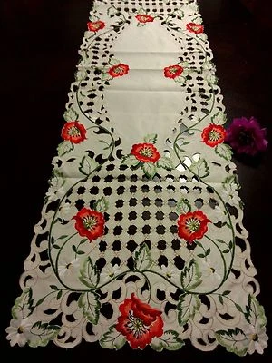 16x72"Embroidered Tablecloth Red Poppy Cutwork Design Table Runner Home Decor - Image 1 of 3