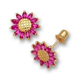 14K Yellow Gold Flower Shaped Gorgeous Studs Earrings for Girl - Picture 1 of 3