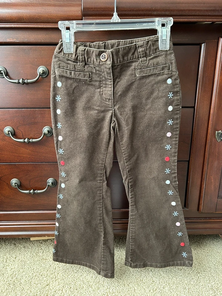 Pantalones Gymboree Niñas 4 Marrón Brillo Pana Copo de Nieve Acampanados Campana Parte Inferior Foto 1 de 4