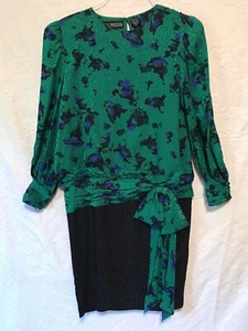 Vintage 80s 100% Silk Della Roufogali Green Blue Black Jacquard Dress Bow Sz 12 - Picture 1 of 10