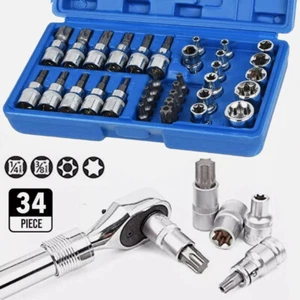 34tlg Steckschlüssel Satz Torx Nüsse Stecknuss Außen Innen Bit E4-E20 T10-T60 DE - Bild 1 von 13