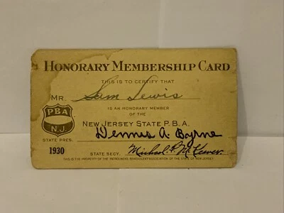 VINTAGE 1930 NEW JERSEY PBA CARD / HONORARY MEMBERSHIP  - Image 1 of 2