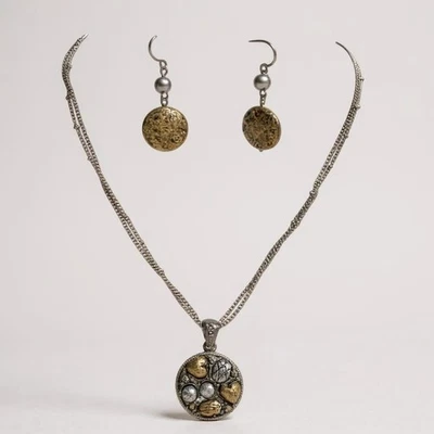 Juego de pendientes collar cadena doble aspecto antiguo colgante círculo estilo pátina Foto 1 de 2