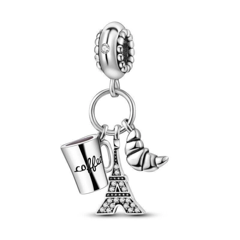 Genuine Sterling Silver 925 Coffee Crossant Eiffel Tower Paris France Charm  - Image 1 of 1