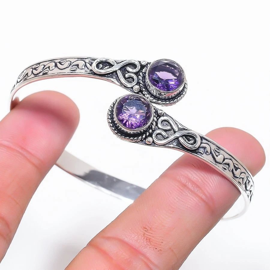 Purple Amethyst Gemstone Handmade 925 Sterling silver Cuff Bracelet Adjustable - Image 1 of 1