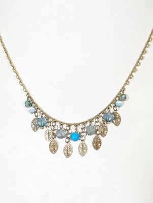 Delicado collar con dije de hoja de cuentas azul costero playa tono dorado 17 pulgadas Foto 1 de 4