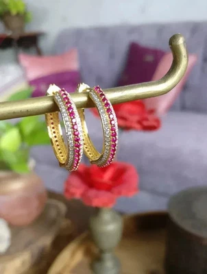 14K  Yellow Gold Plated 2.40CtRound  Lab-Created Red Ruby Huggie Hoo Earring - Image 1 of 3