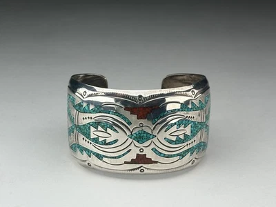 Brazalete ancho de plata esterlina con incrustaciones de astillas de coral turquesa navajo de colección 55 g Foto 1 de 4